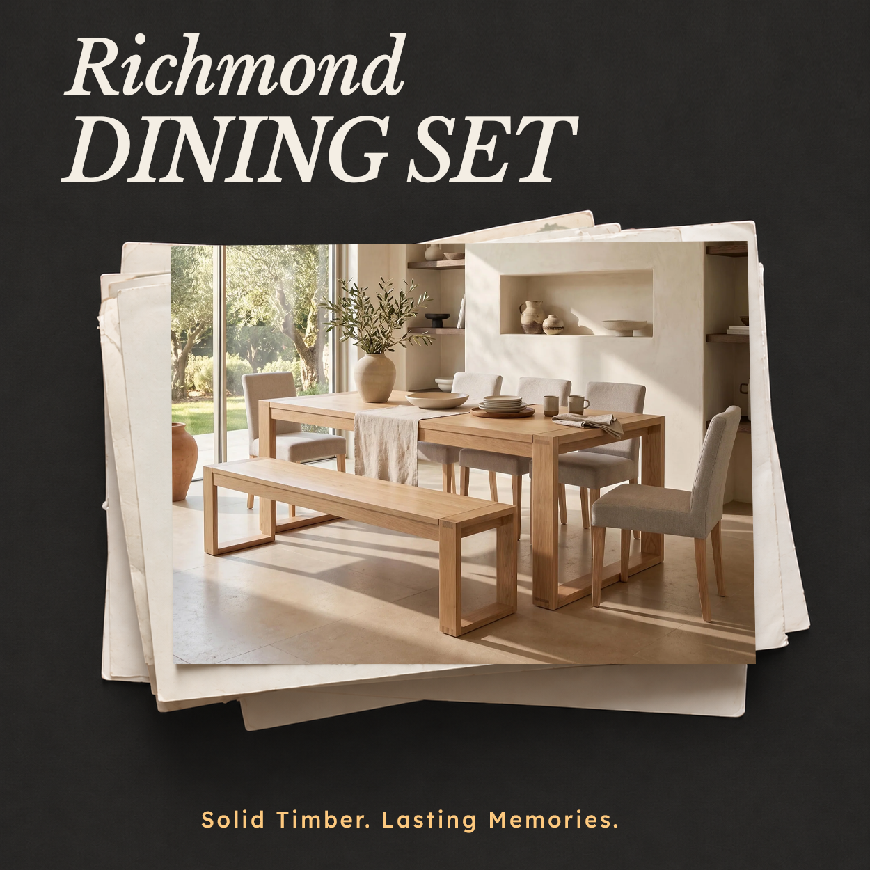 Richmond Pine Dining Bench - Natural shown alongside the matching table and upholstered chairs