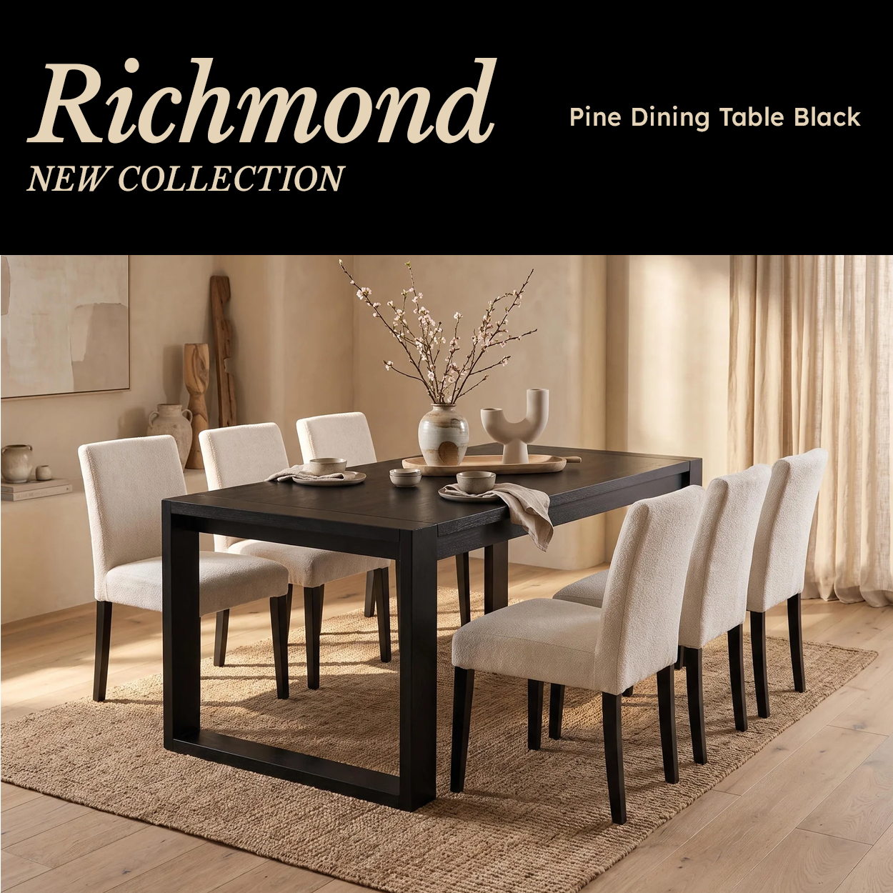 Richmond Pine Dining Table - Black laid with a vase of blossom and six cream chairs