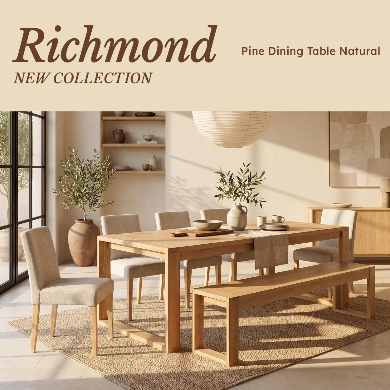 Richmond Pine Dining Table - Natural set with olive stems and a bench under a paper pendant