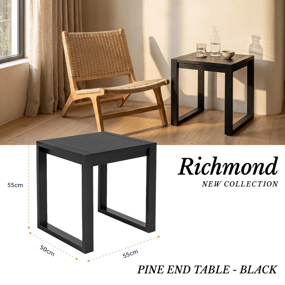 Richmond Pine End Table - Black beside a woven lounge chair by a window, in a Cedora advert marked 55cm by 50cm by 55cm