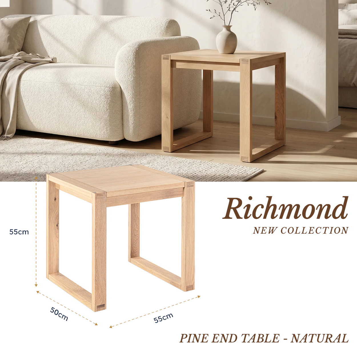 Richmond Pine End Table - Natural beside a boucle sofa on a pale rug, in a Cedora advert marked 55cm by 50cm by 55cm