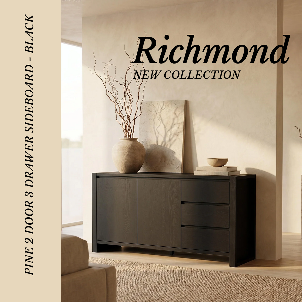 Richmond Pine 2 Door 3 Drawer Sideboard - Black topped with tall vases of dried branches