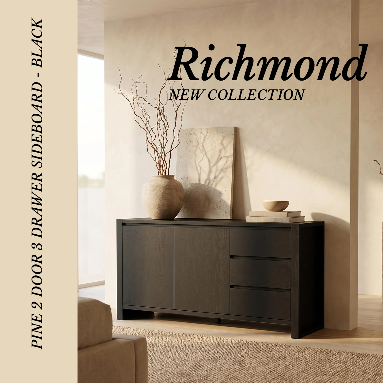 Richmond Pine 2 Door 3 Drawer Sideboard - Black topped with tall vases of dried branches