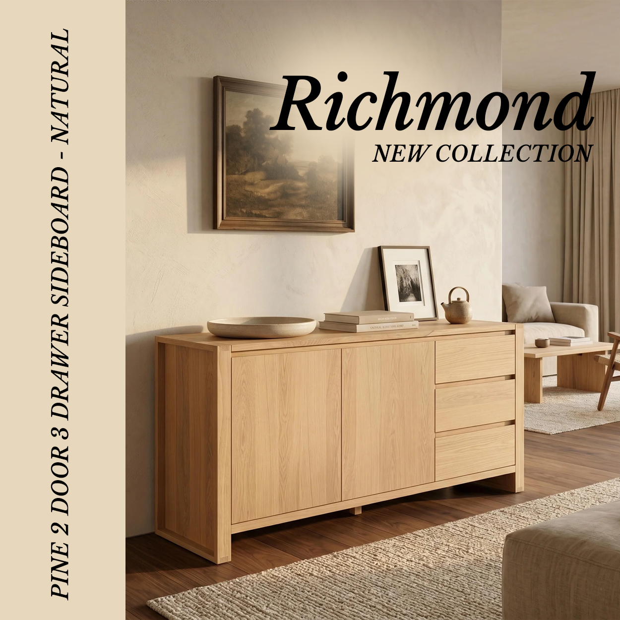 Richmond Pine 2 Door 3 Drawer Sideboard - Natural below a framed landscape with a bowl and books