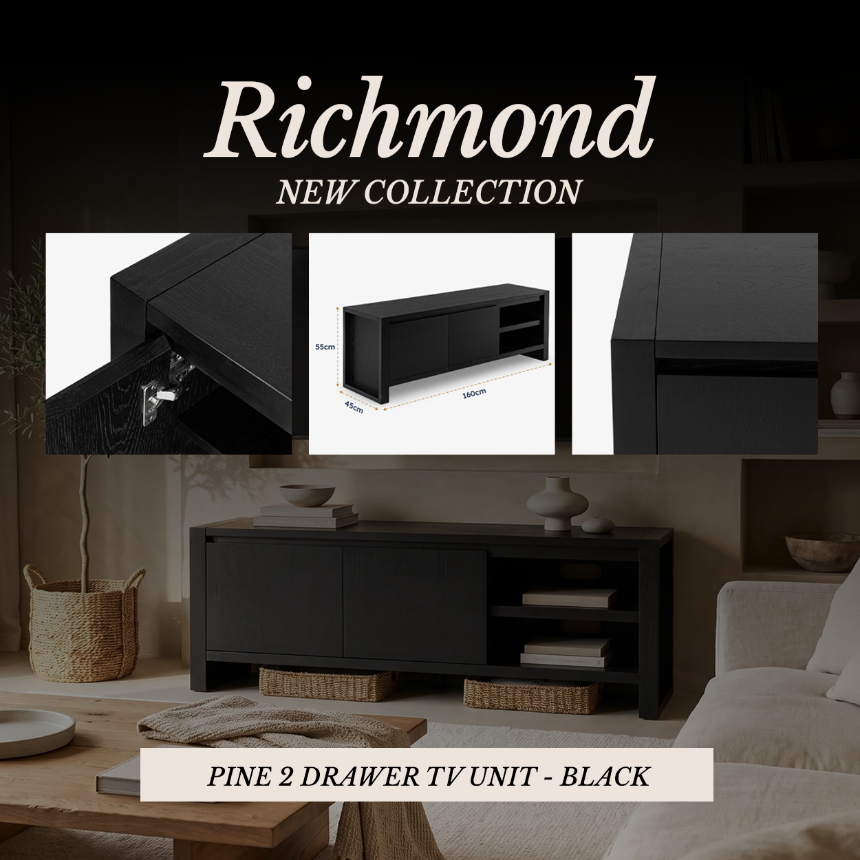 Richmond Pine 2 Drawer TV Unit - Black with close-ups of the hinge, drawer and edge detail