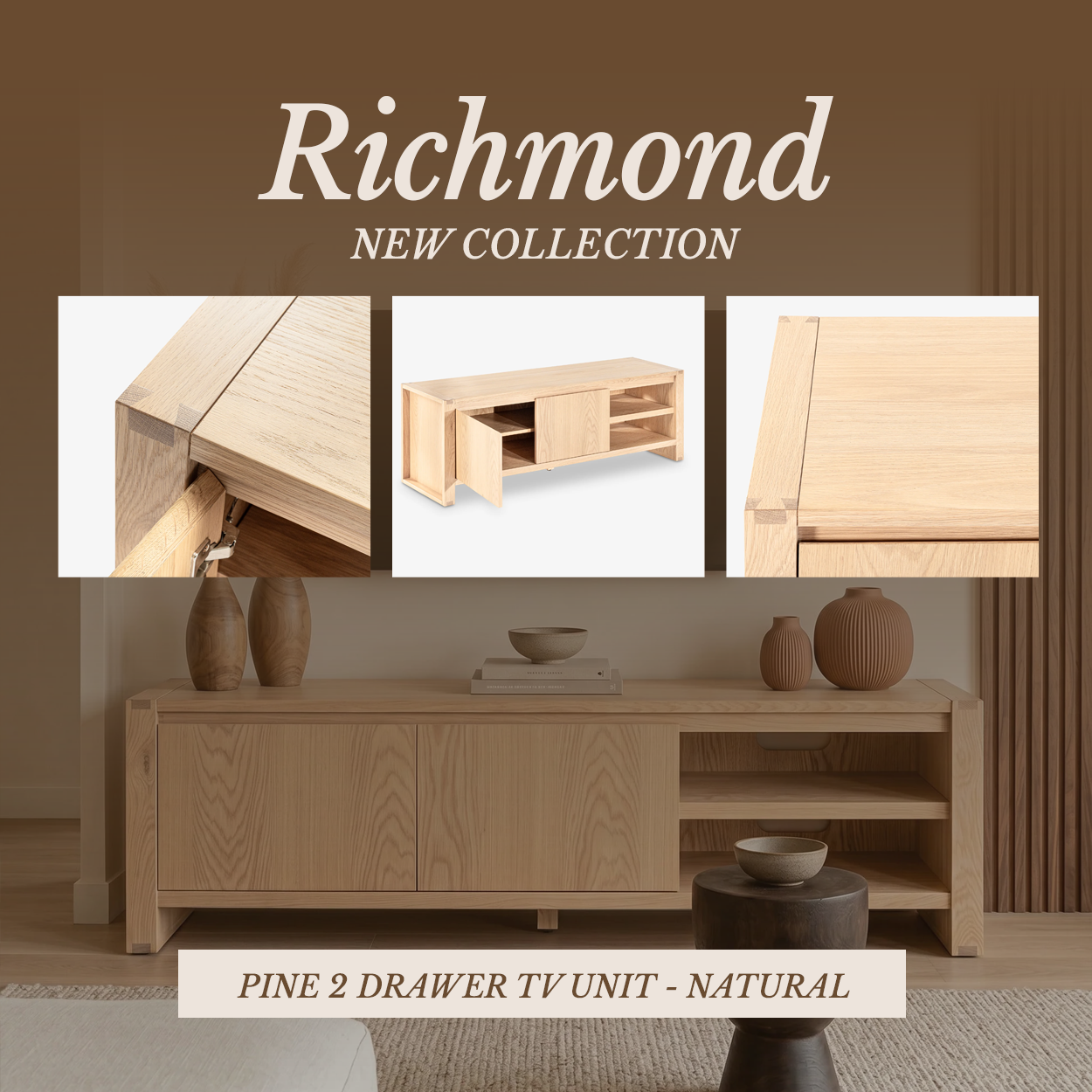 Richmond Pine 2 Drawer TV Unit - Natural with close-ups of the joint, drawer and edge detail