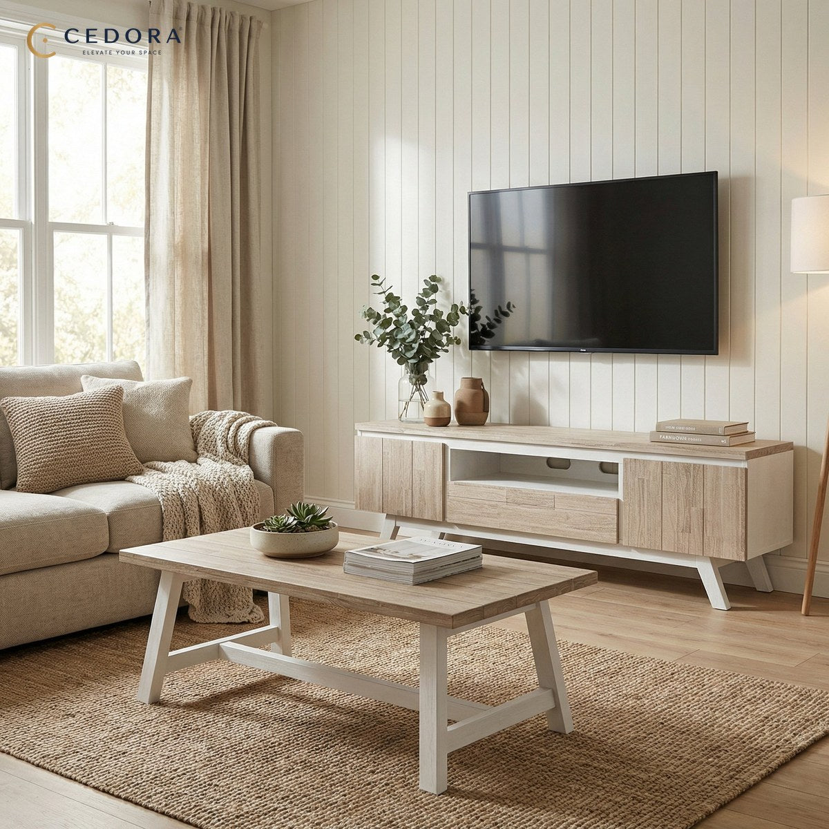Oxford Set of Acacia Coffee Table, Side Table & TV Unit