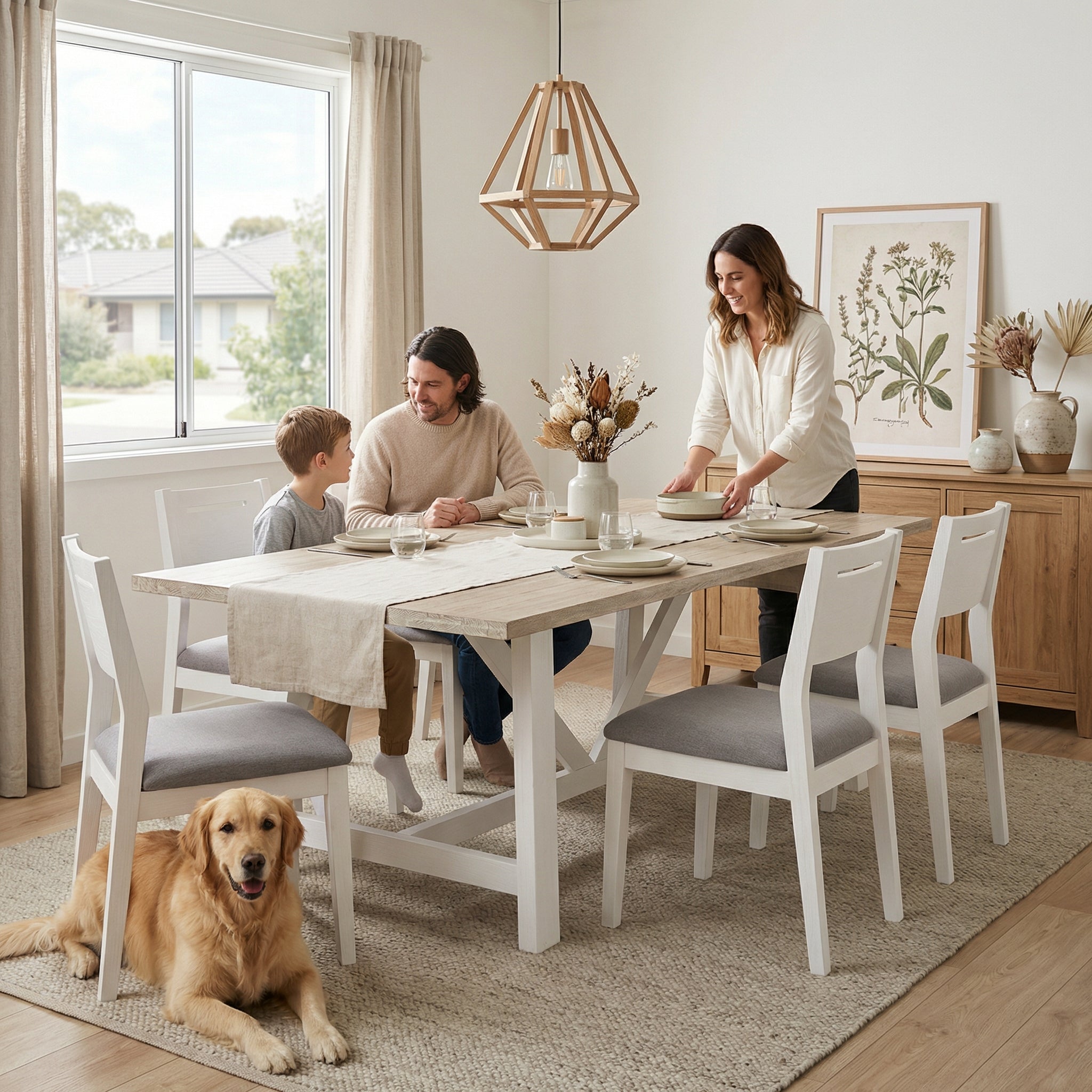 Family of three with a dog sitting at a dining table in a bright, modern kitchen.

