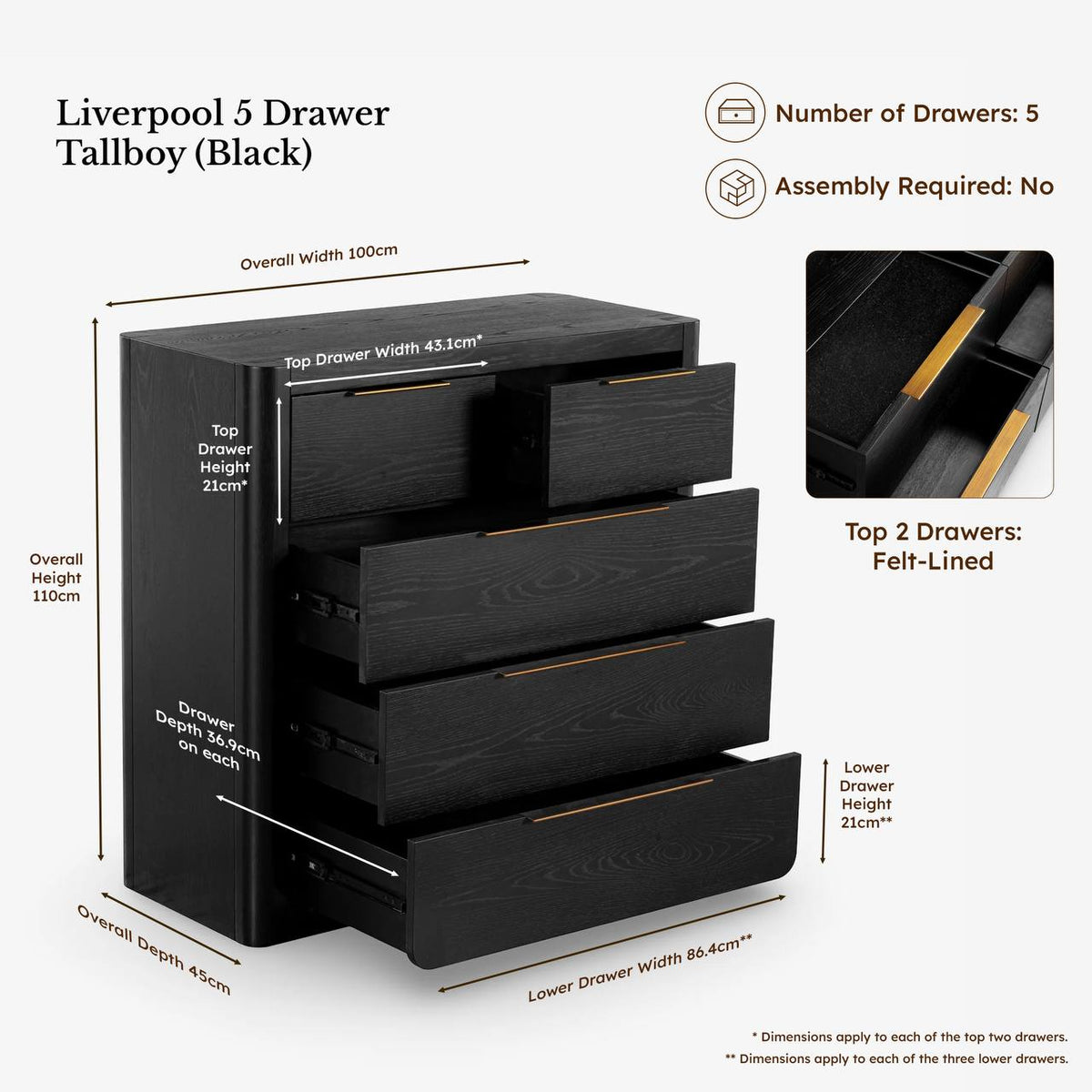 Liverpool Pine 5 Drawer Tallboy Black dimensions — black drawer inset