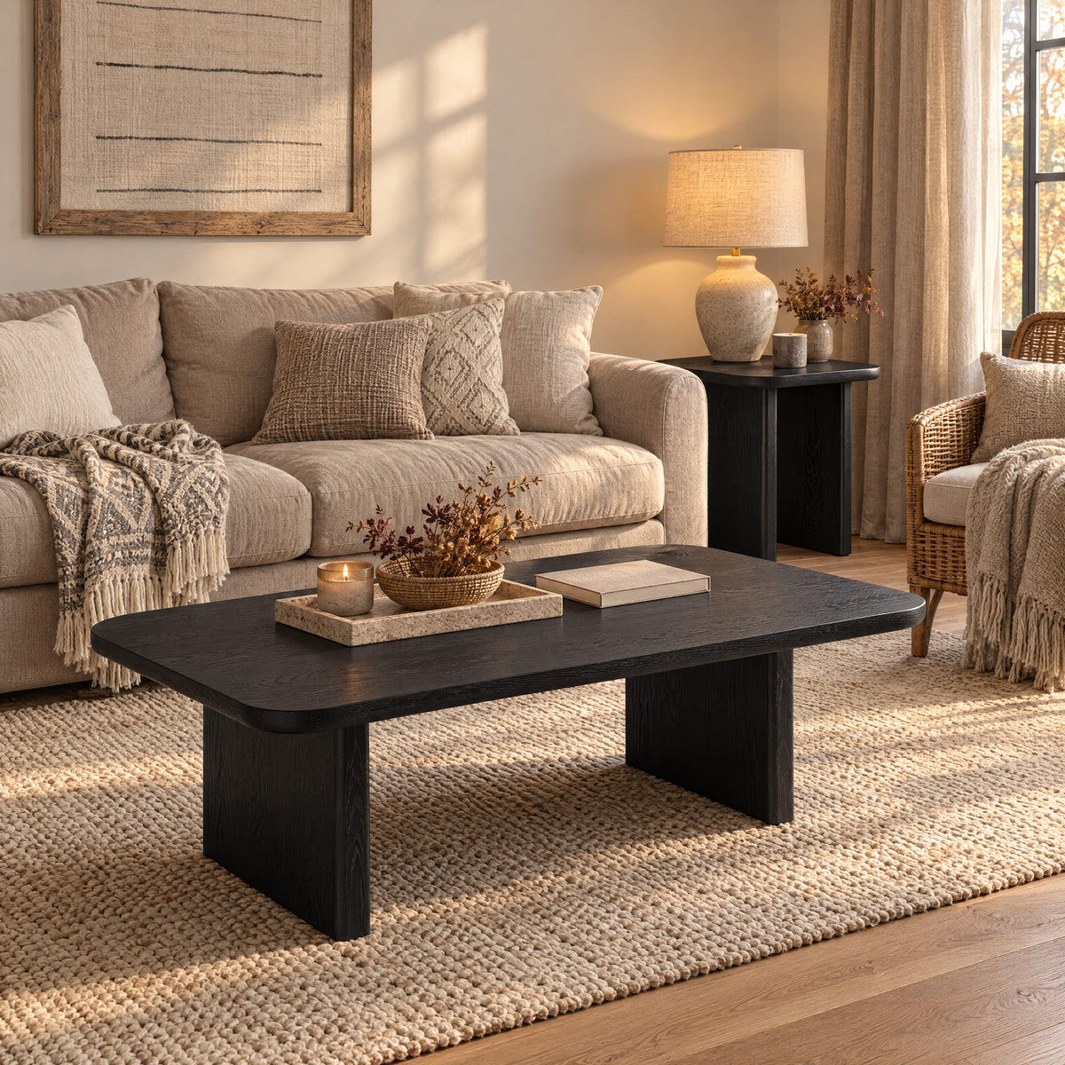 Liverpool Set of Pine Coffee Table & End Table - Black – lifestyle scene 6