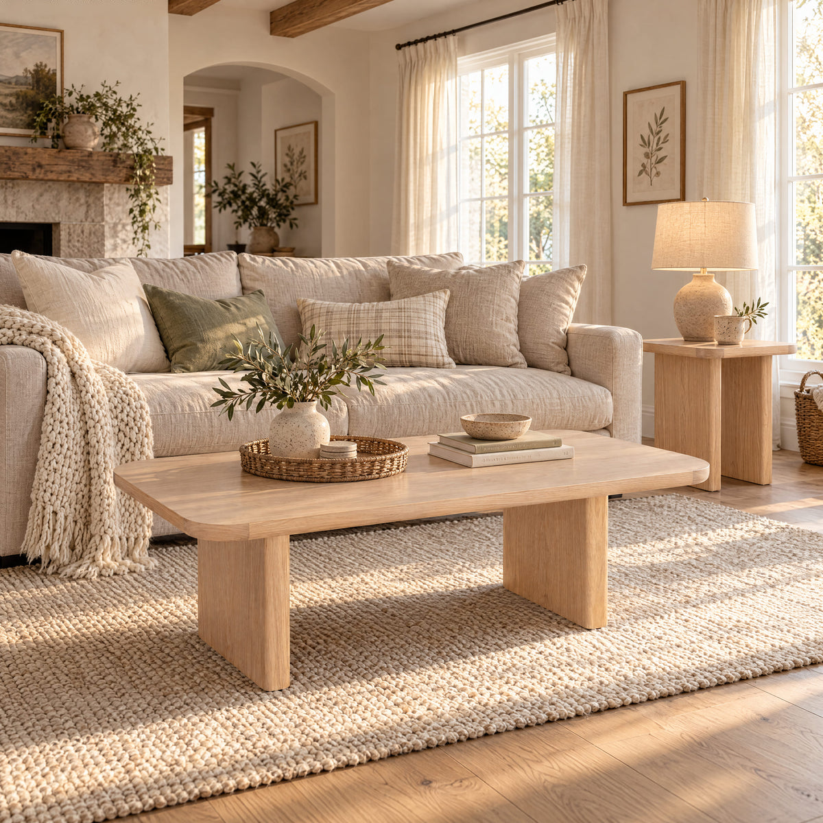 Liverpool Set of Pine Coffee Table & End Table - Natural – lifestyle scene 1