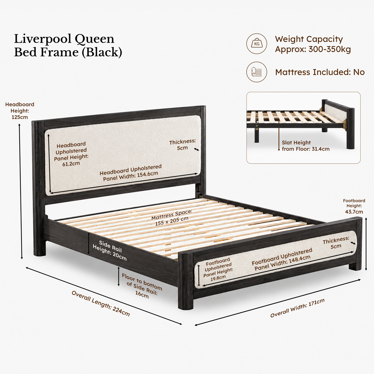 Liverpool Pine Queen Bed Frame - Black dimensions