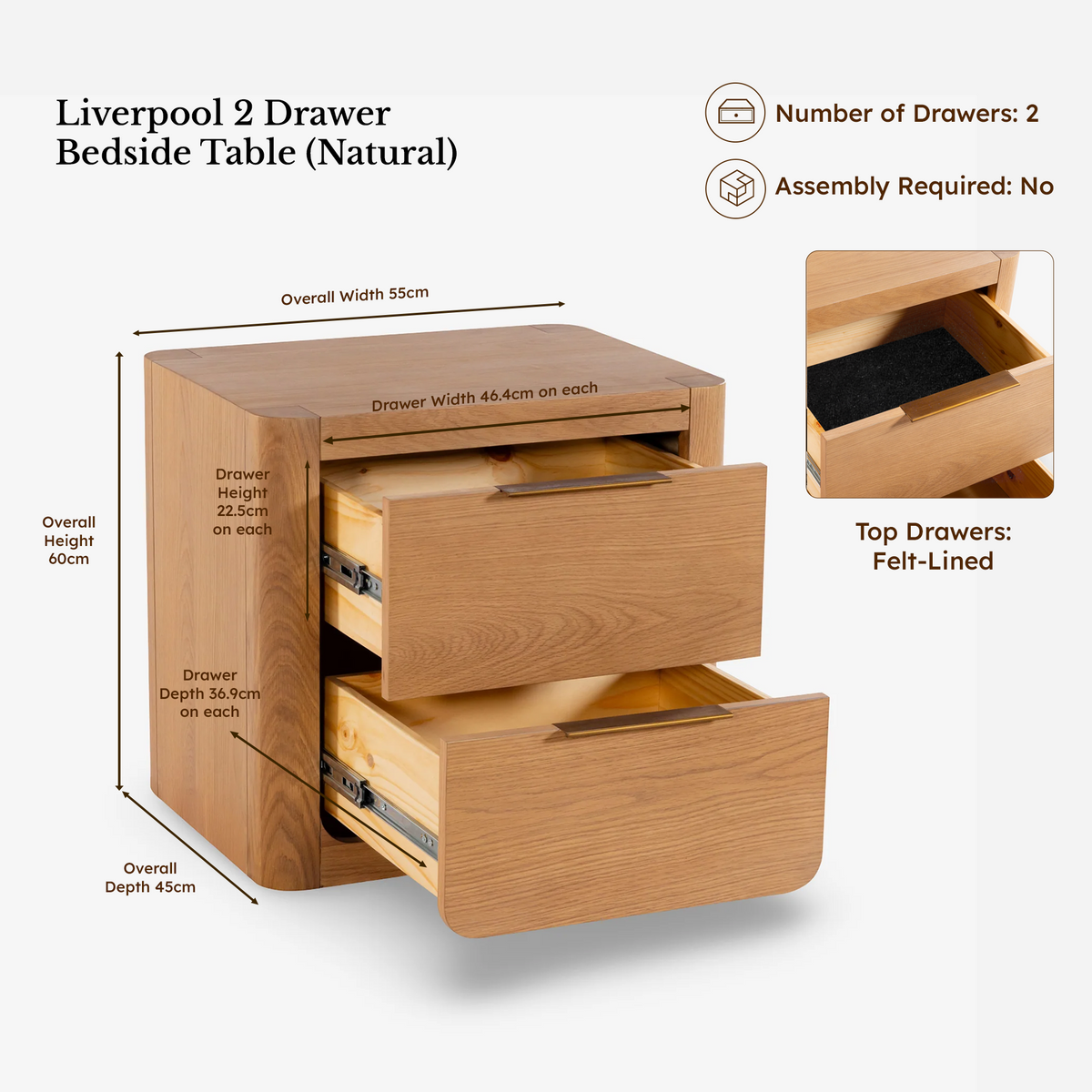 Liverpool Pine 3-Piece Bedroom Set – Double Bed & 2 Bedside Tables – Natural — Liverpool bedside table — dimensions 4