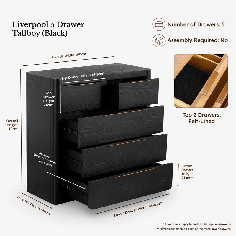 Liverpool Pine 3-Piece Bedroom Set – Queen Bed, Bedside & Tallboy – Black — Liverpool Tallboy — dimensions 4