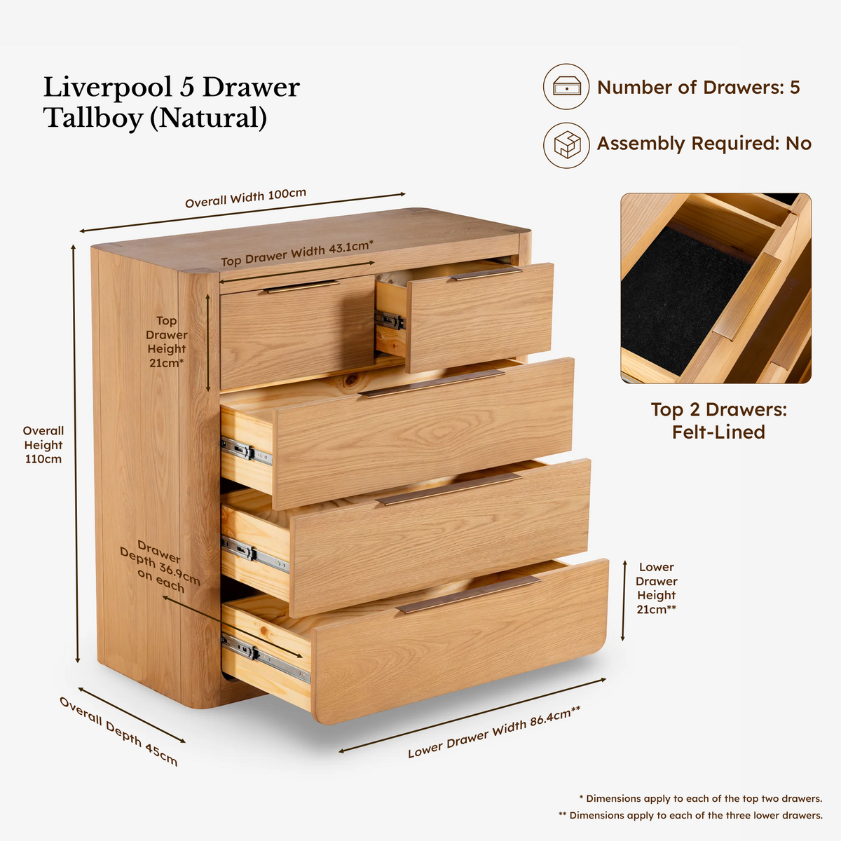 Liverpool Pine 3-Piece Bedroom Set – Queen Bed, Bedside & Tallboy – Natural — Liverpool Tallboy — dimensions 4