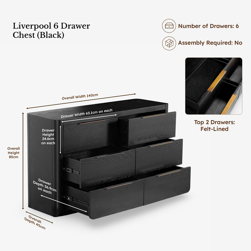 Liverpool Pine 3-Piece Bedroom Set – King Bed, Bedside & 6-Drawer Chest – Black — Liverpool 6-Drawer Chest — dimensions 4