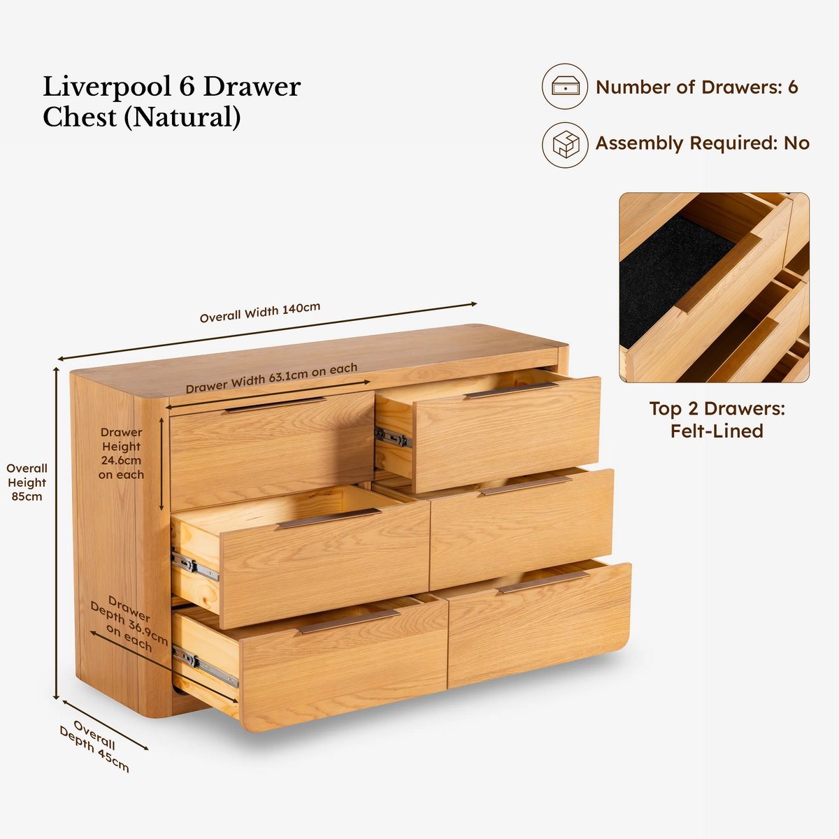 Liverpool Pine 3-Piece Bedroom Set – Double Bed, Bedside & 6-Drawer Chest – Natural — Liverpool 6-Drawer Chest — dimensions 4
