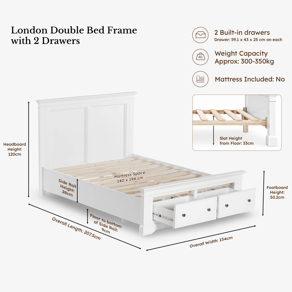London Pine Double Bed Frame with 2 Drawers dimensions
