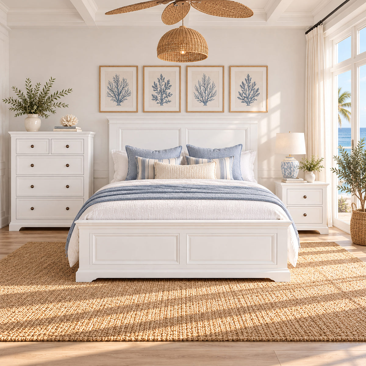 London white bed frame with one bedside table and tallboy – lifestyle scene 1