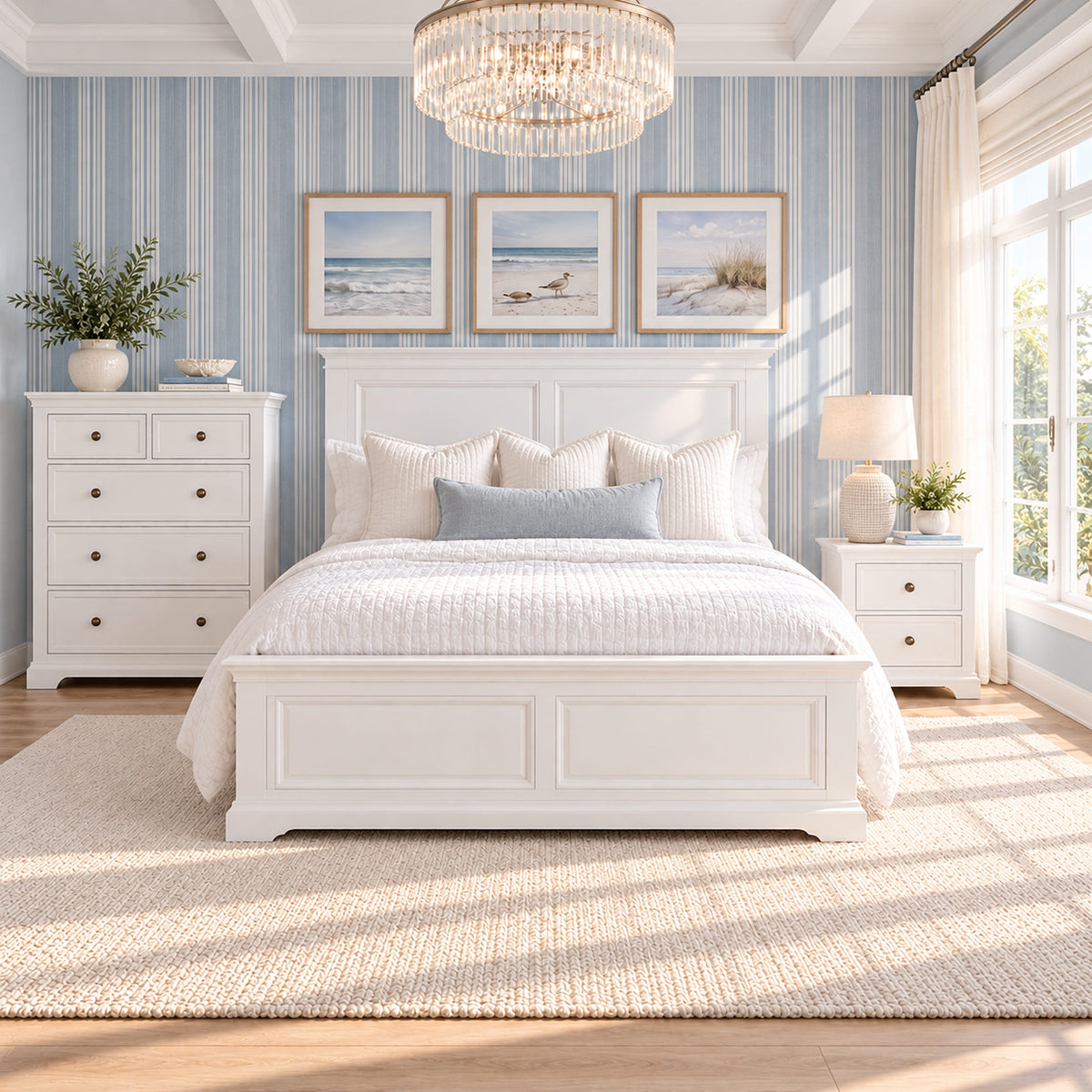 London white bed frame with one bedside table and tallboy – lifestyle scene 2