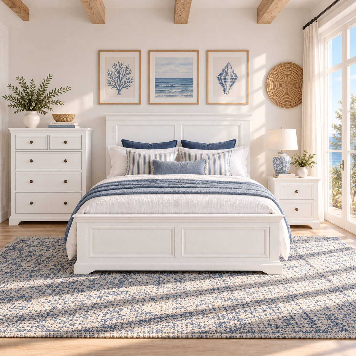 London white bed frame with one bedside table and tallboy – lifestyle scene 3