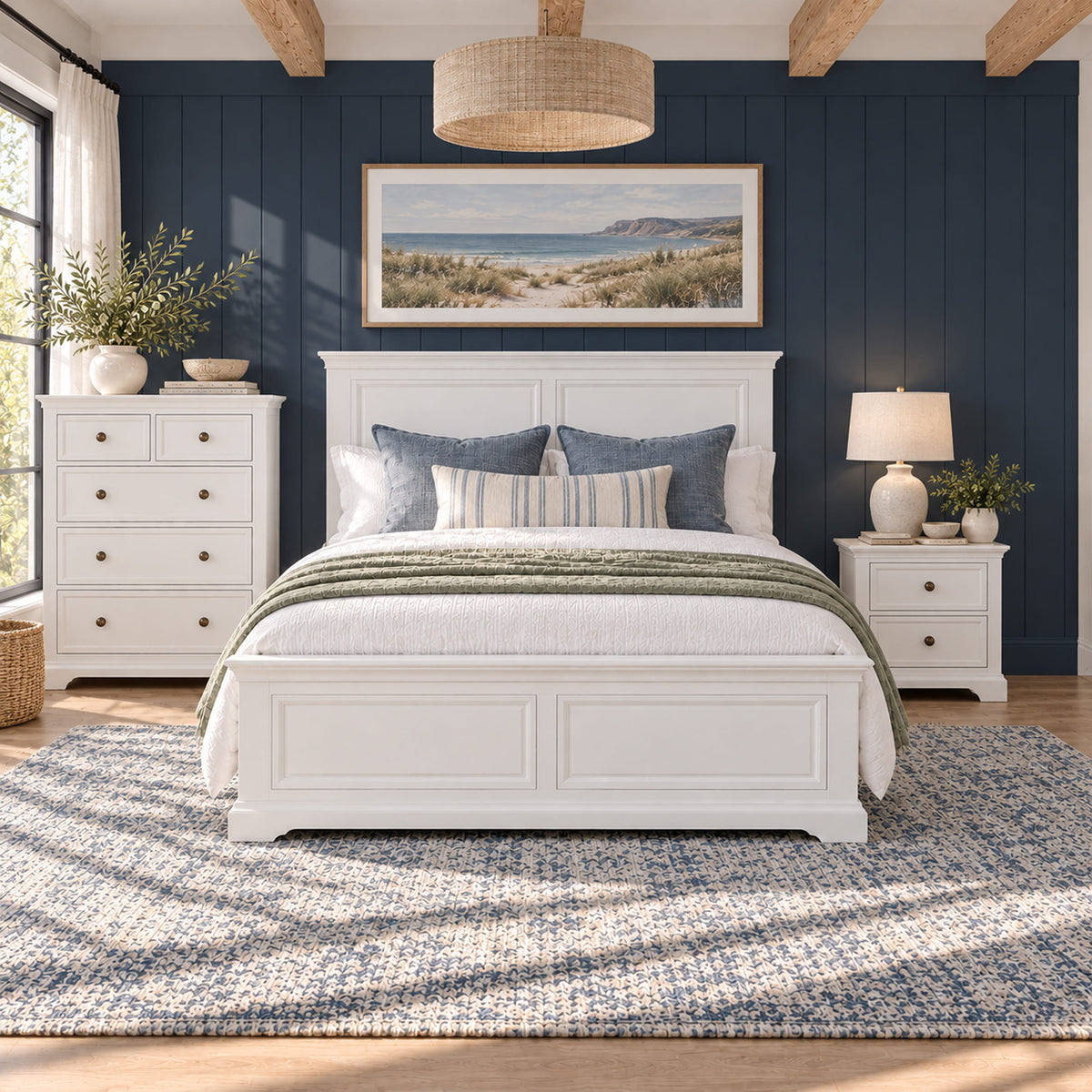 London white bed frame with one bedside table and tallboy – lifestyle scene 4