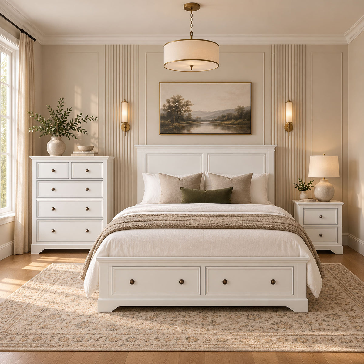 London white storage bed with one bedside table and tallboy – lifestyle scene 1