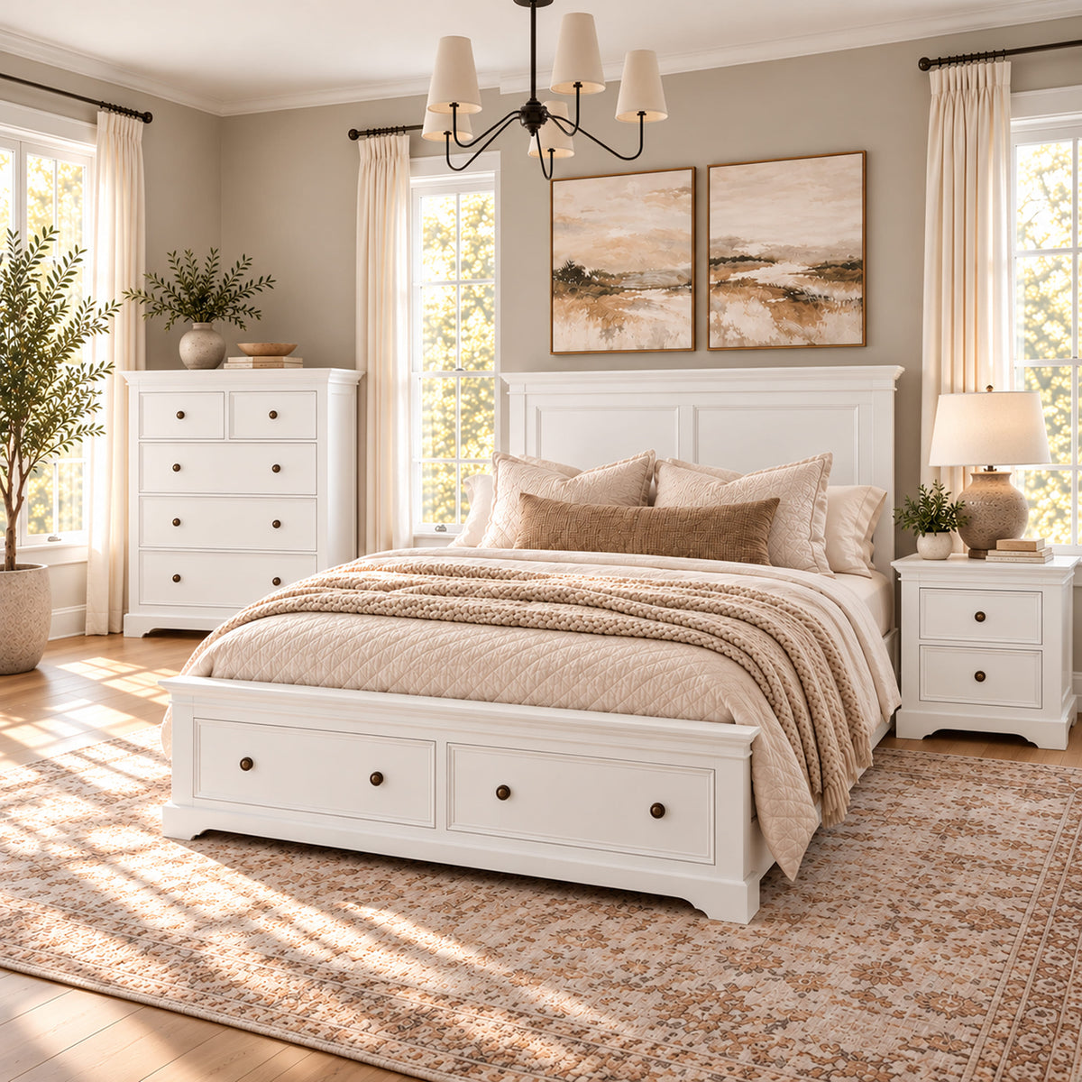 London white storage bed with one bedside table and tallboy – lifestyle scene 2