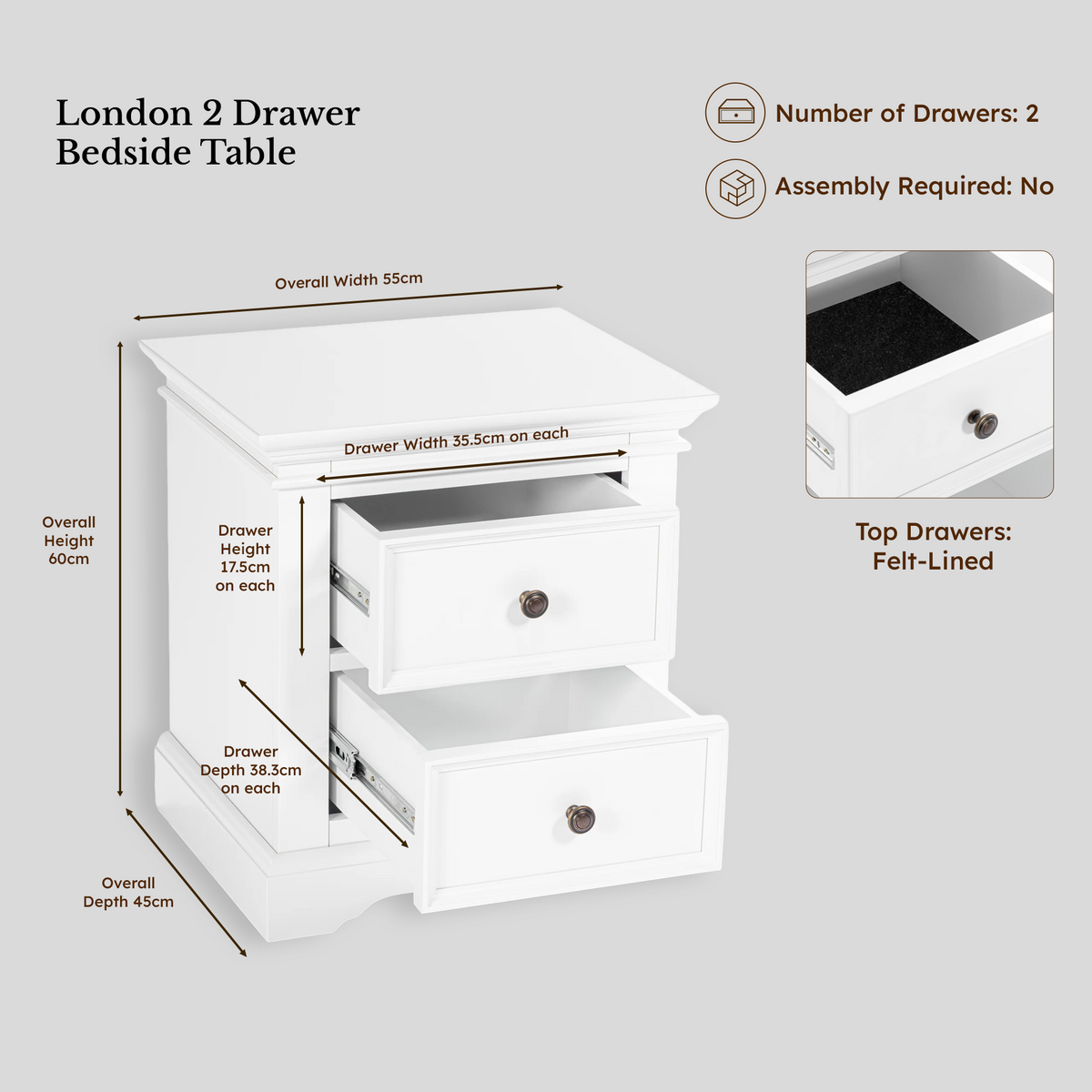 London Pine bedside in white — dimensions