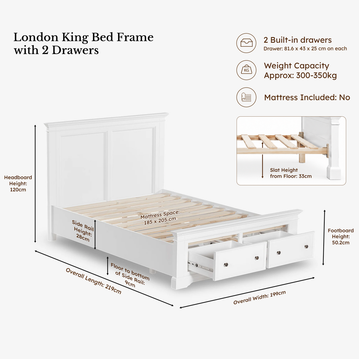 London Pine storage king in white — dimensions