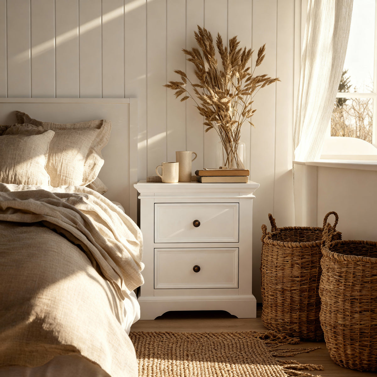 London Pine 2 Drawer Bedside Table in white — lifestyle scene 1