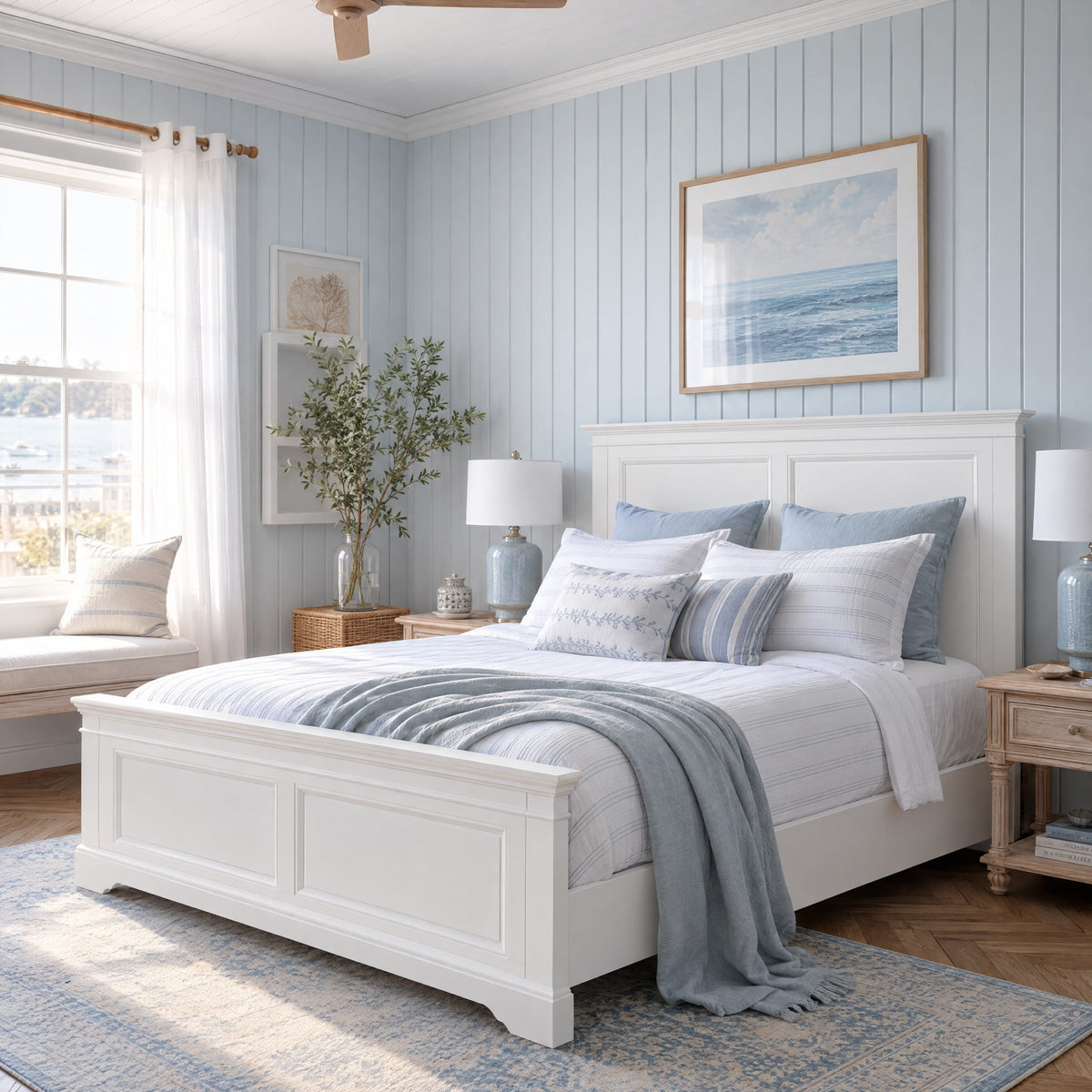 London Pine Bed Frame in white — styled bedroom scene with blue wall
