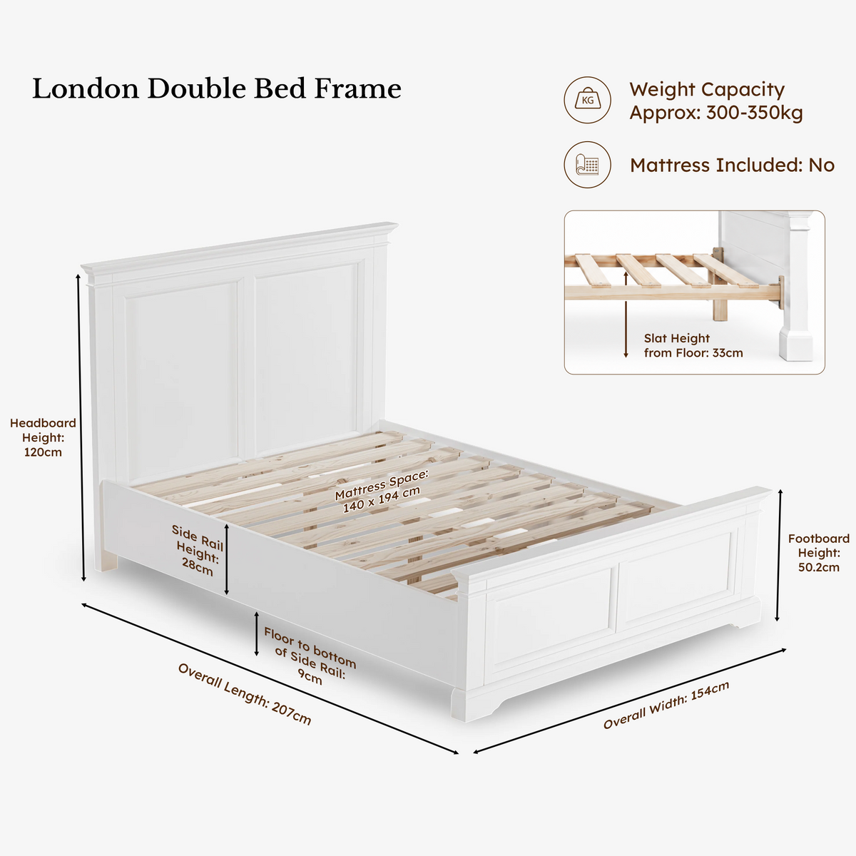 London Pine Double Bed Frame dimensions