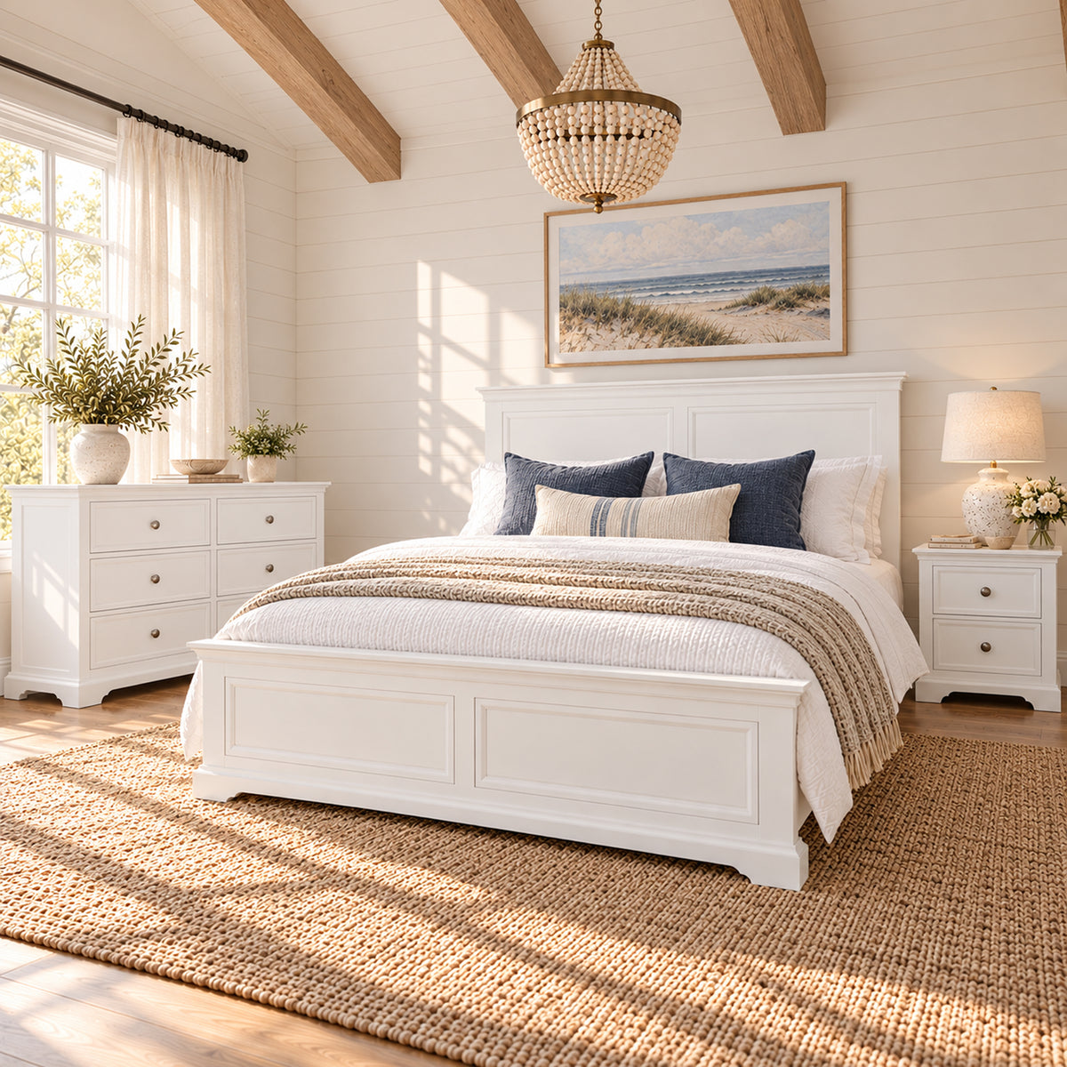Manchester white bedroom set with non-storage double bed, one bedside table and six-drawer chest – complete three-piece set