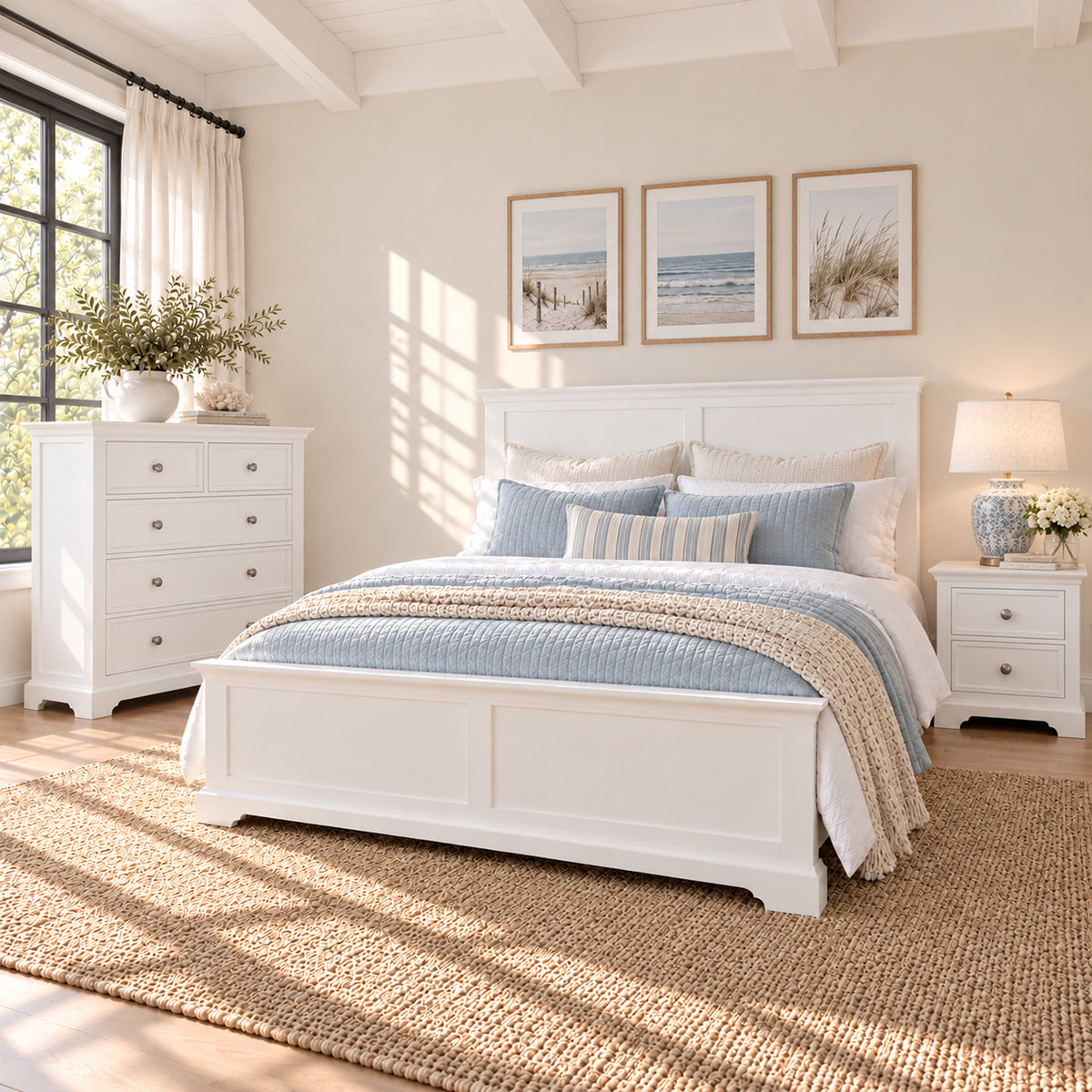 Manchester white bedroom set with non-storage double bed, one bedside table and tallboy – complete three-piece set