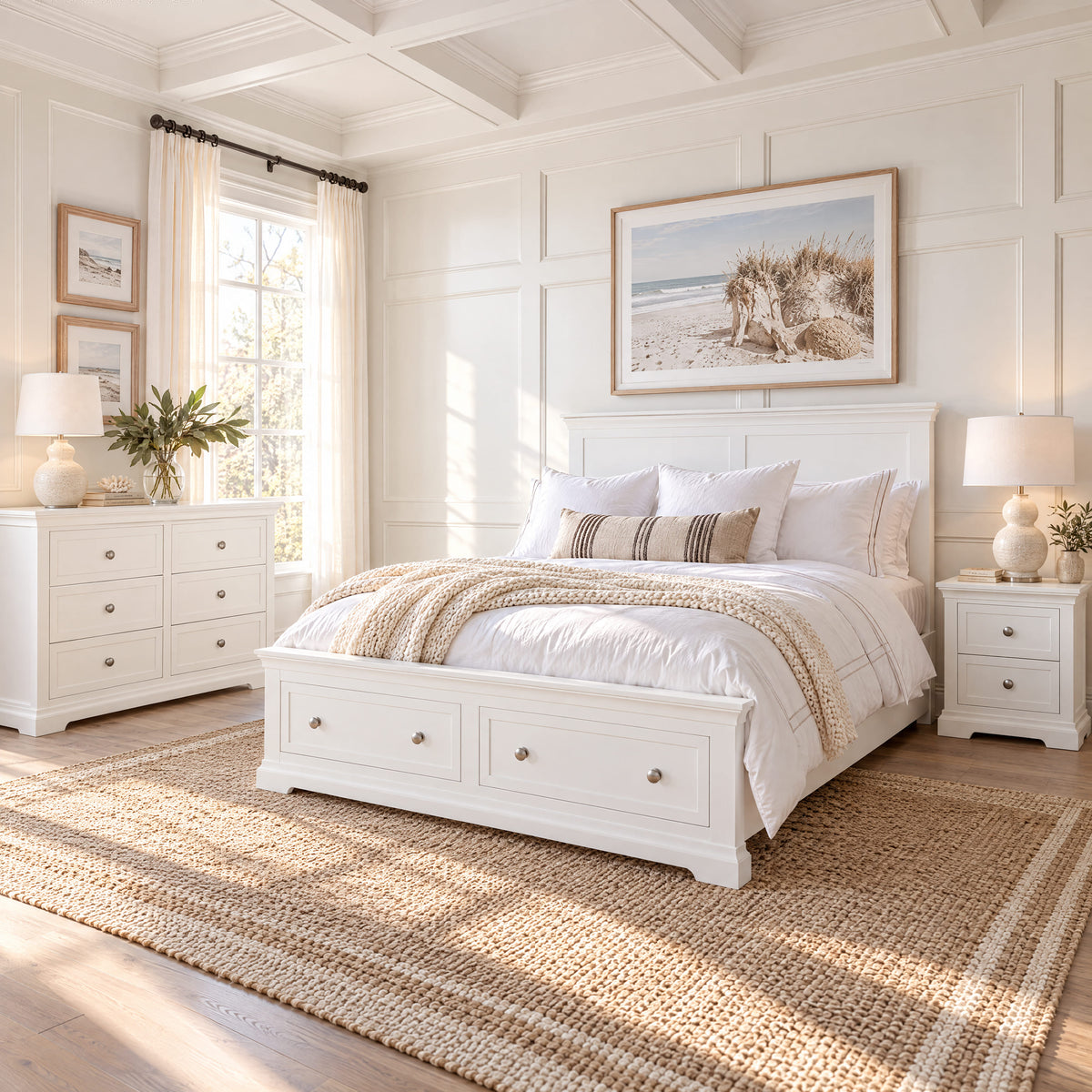 Manchester white storage bed with one bedside table and six-drawer chest – lifestyle scene 1