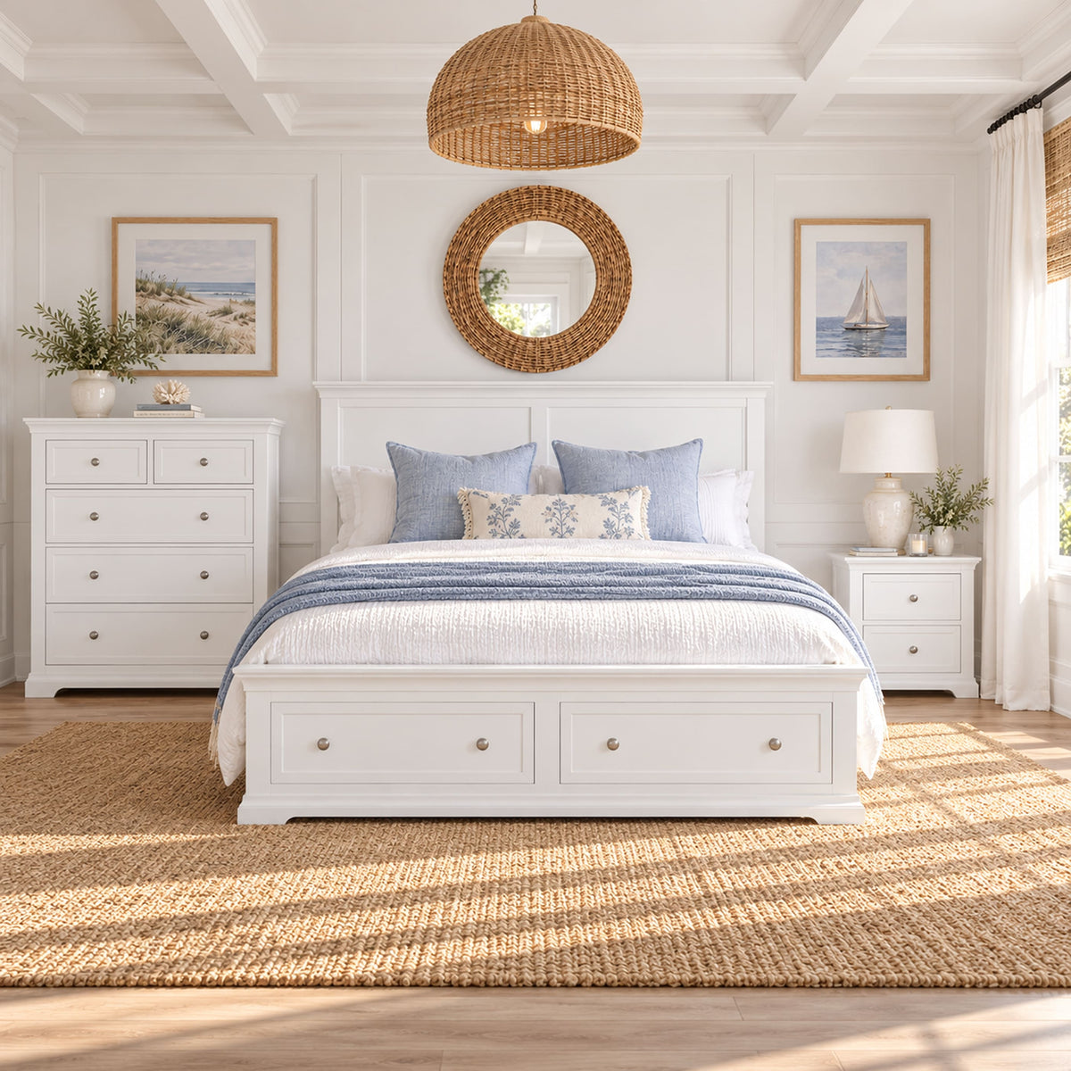 Manchester white storage bed with one bedside table and tallboy – lifestyle scene 1