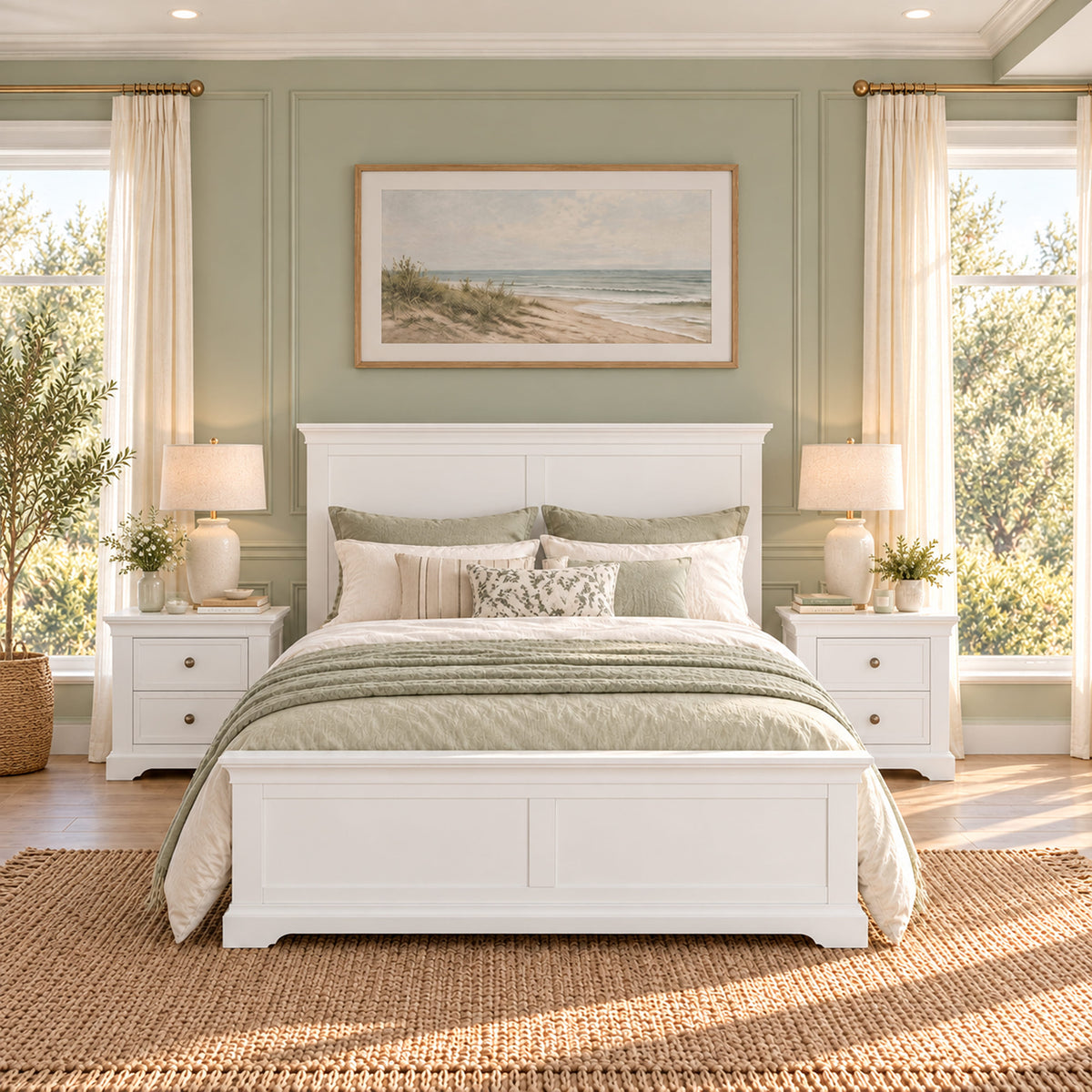 Manchester Double white bed frame with two bedside tables – lifestyle scene 1