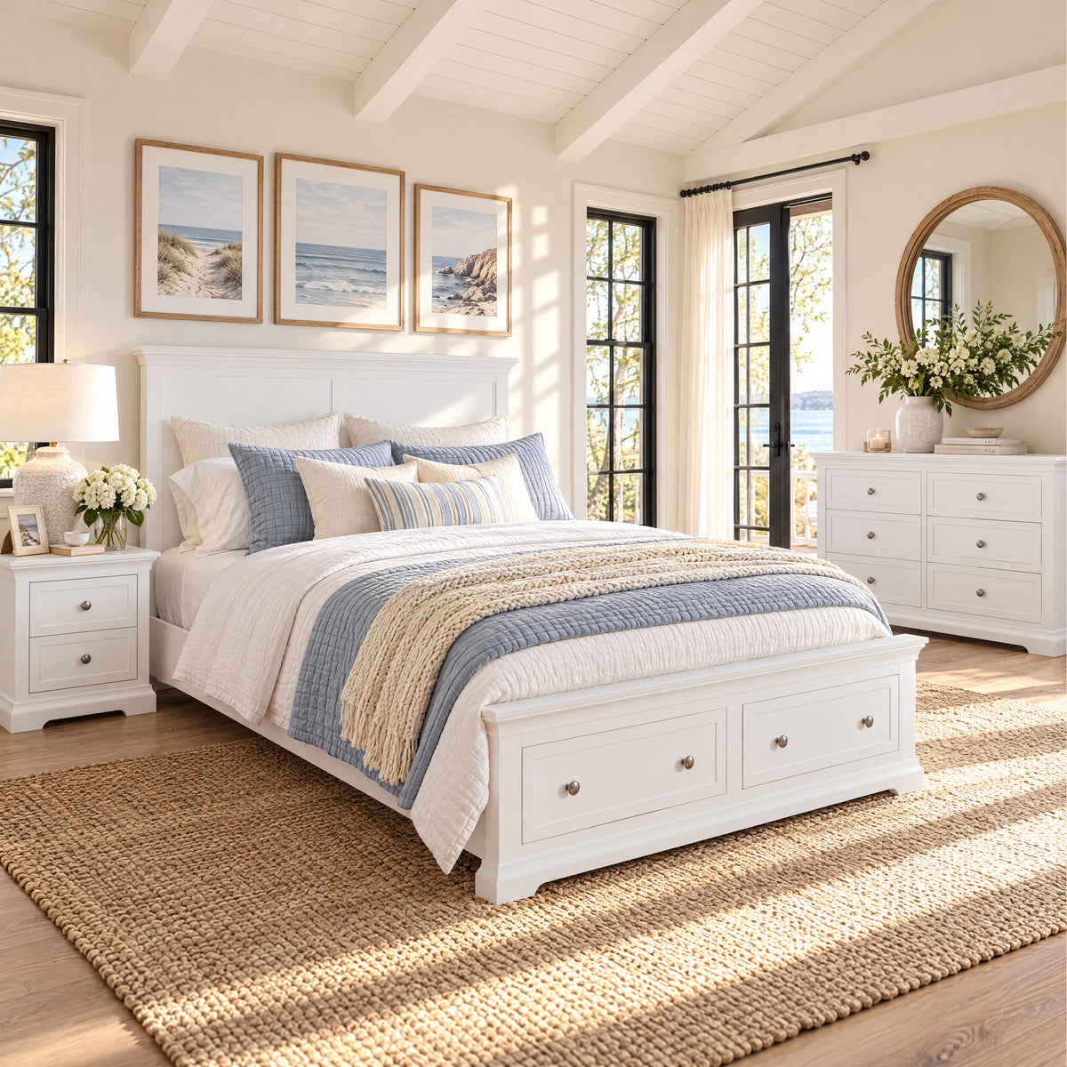 Manchester white storage bed with one bedside table and six-drawer chest – lifestyle scene 5