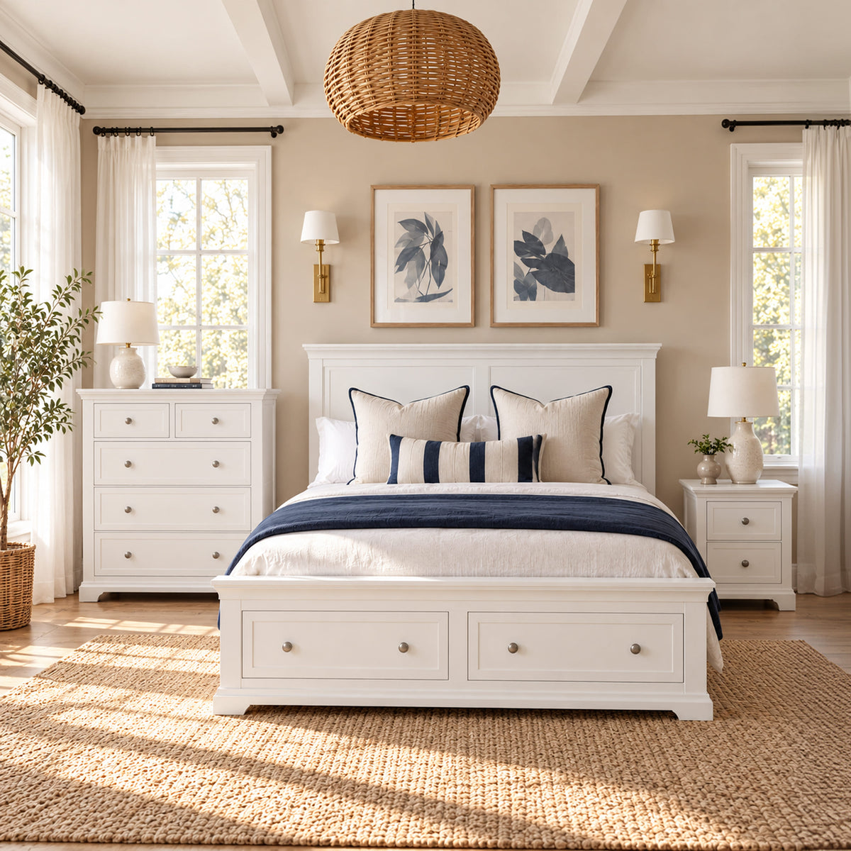 Manchester white storage bed with one bedside table and tallboy – lifestyle scene 4