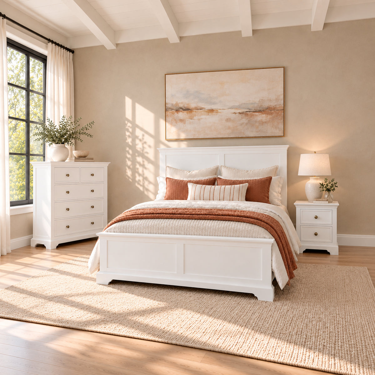 Manchester white three-piece bedroom set with non-storage king bed, one two-drawer bedside table and five-drawer tallboy – styled room scene