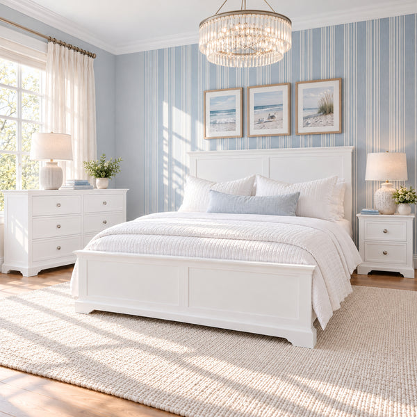 Manchester white bedroom set with non-storage queen bed, one bedside table and six-drawer chest – complete three-piece set
