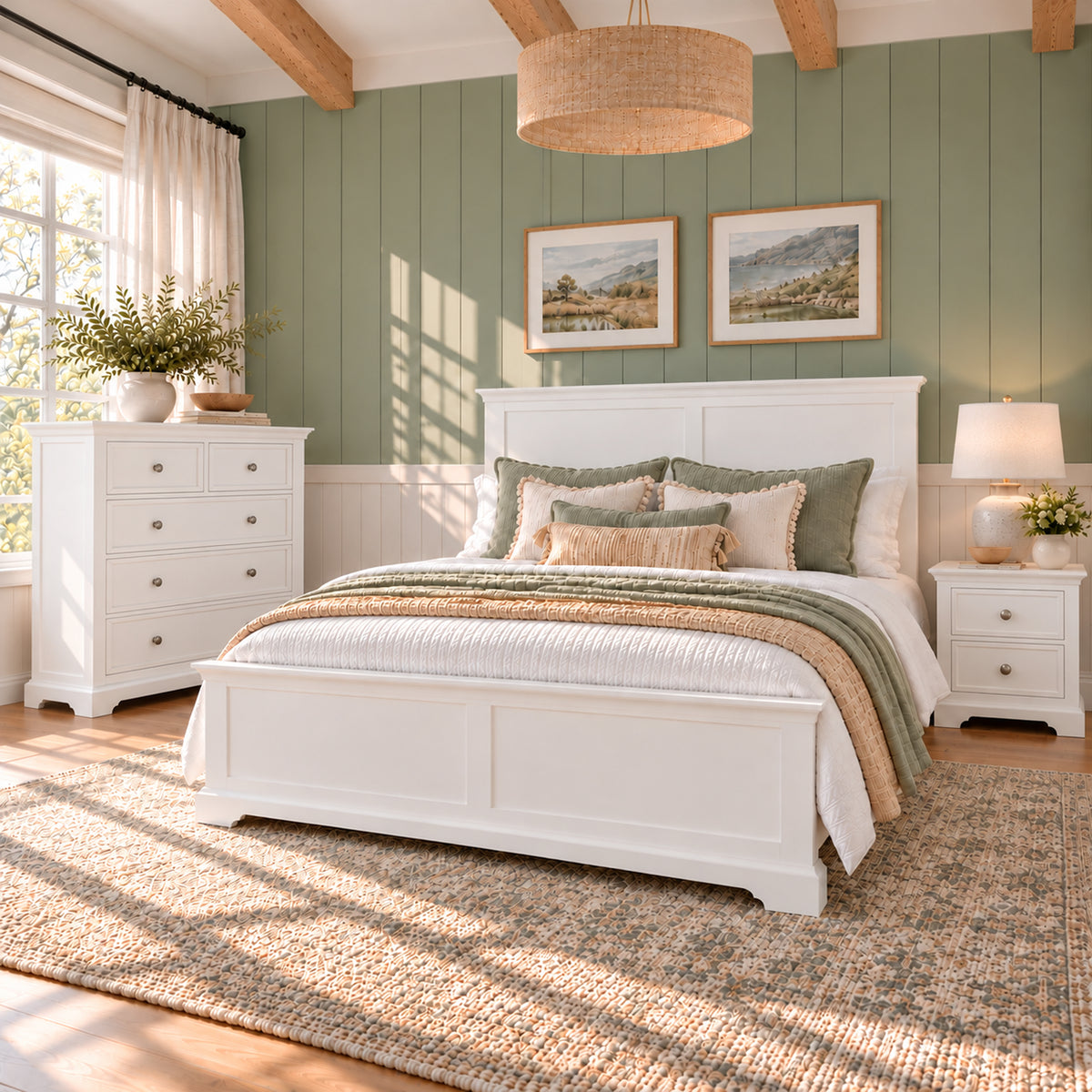 Manchester white bedroom set with non-storage queen bed, one bedside table and tallboy – complete three-piece set