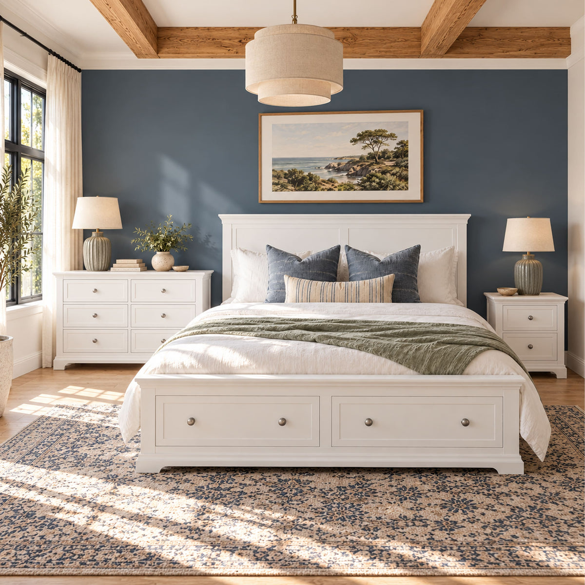 Manchester white storage bed with one bedside table and six-drawer chest – lifestyle scene 3