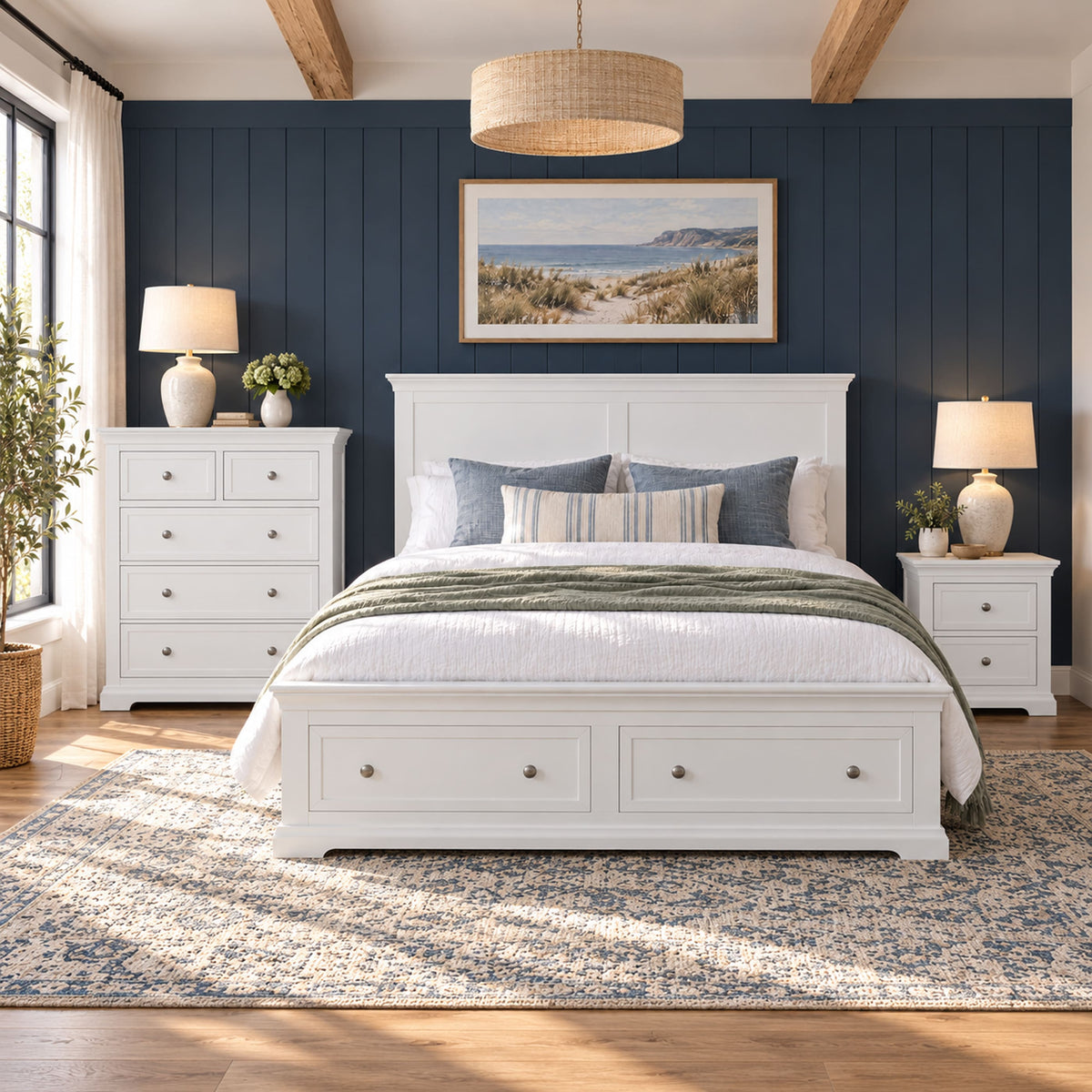 Manchester white storage bed with one bedside table and tallboy – lifestyle scene 2