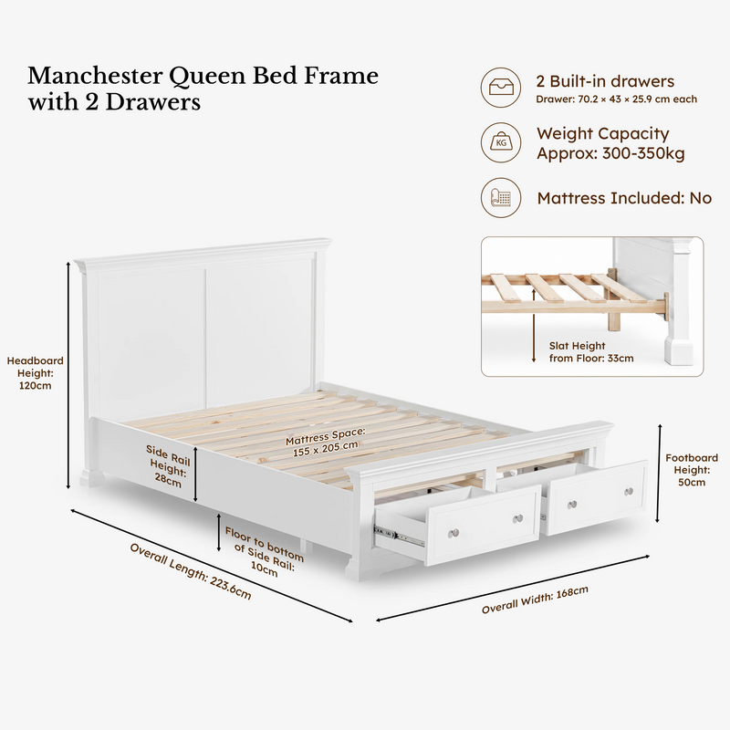 Manchester Pine Queen Bed Frame with 2 Drawers dimensions