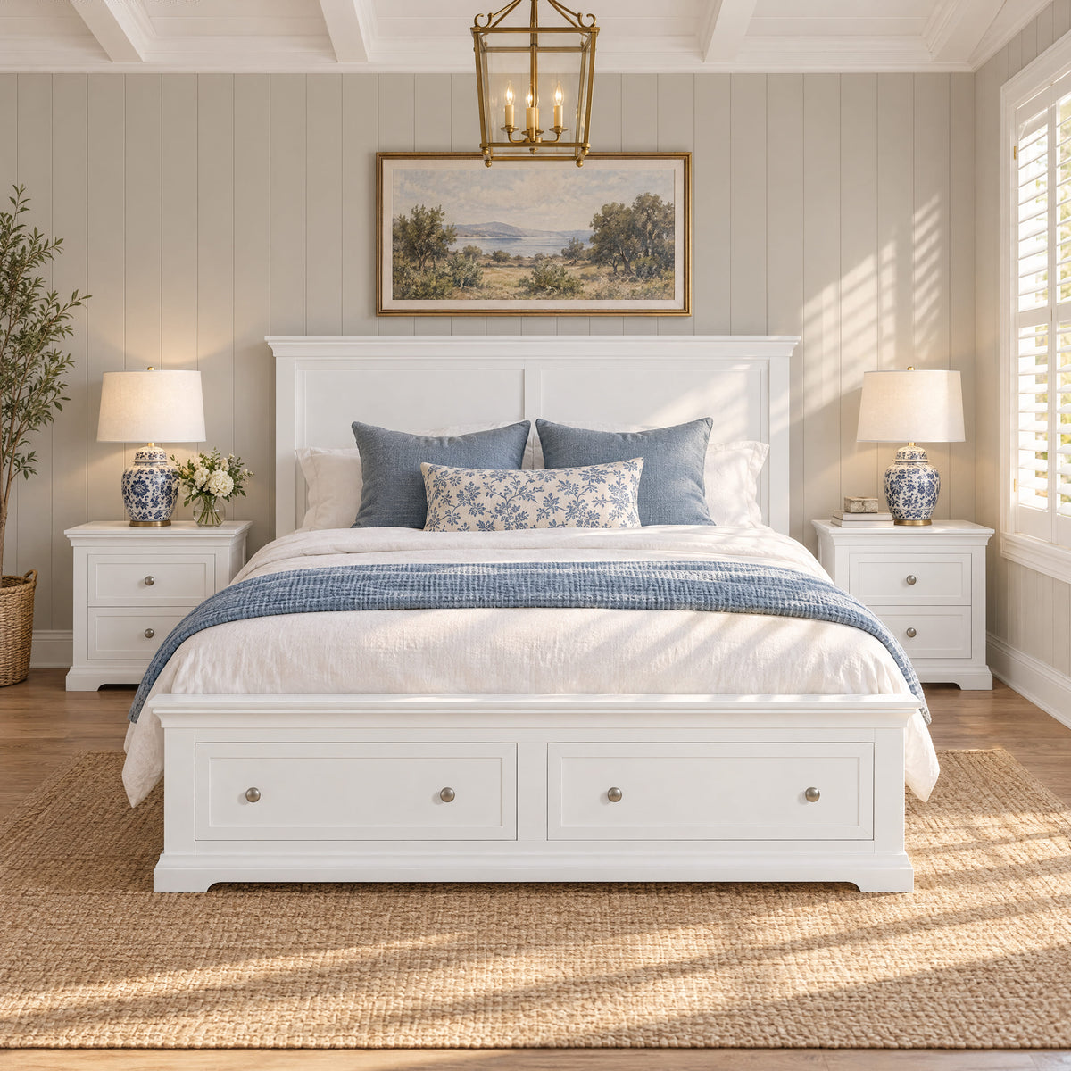 Manchester white storage bed with two bedside tables – lifestyle scene 1