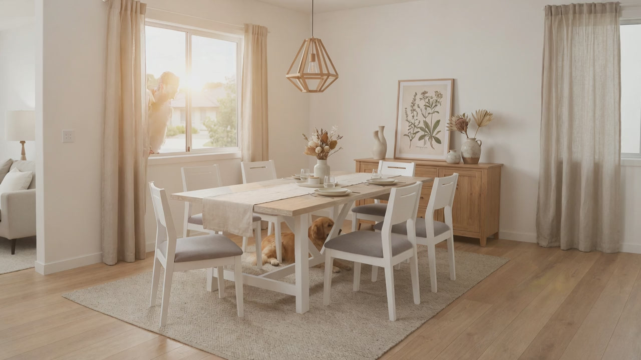 Load video: Oxford Acacia Dining Table 240cm with 6 Chairs