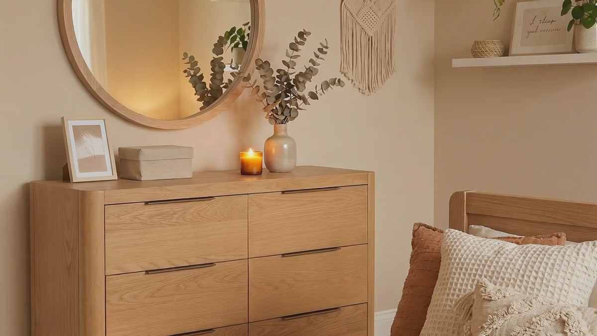 Load video: Liverpool Pine 6 Drawer Chest - Natural