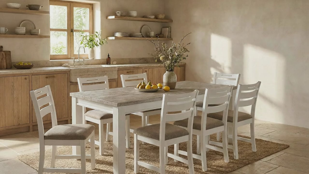 Load video: Byron Acacia Dining Table 160cm with 4 Chairs